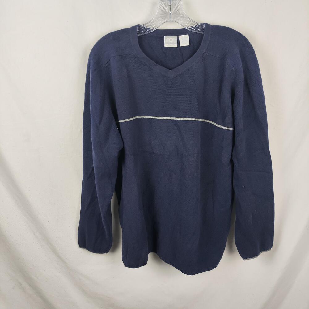 Utility Sweater Mens Large Blue V Neck Stripe Cotton Knit Pullover Casual